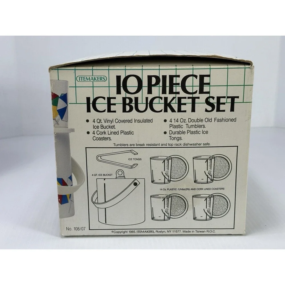 VTG ITEMAKERS 10 Pc Ice Bucket Set‎ 4 Tumblers 4 Coasters Tongs Umbrellas NOS 85